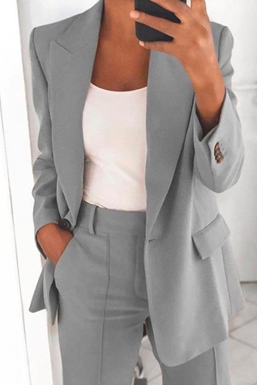 Rosiedress One Button Solid Office Blazer Jacket Gray