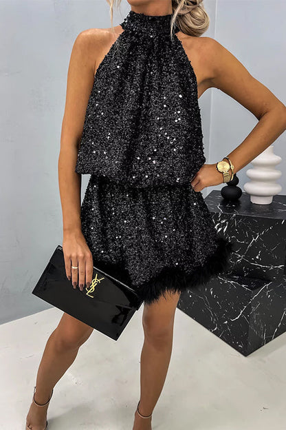 Halter Sleeveless Feather Hem Sequin Dress