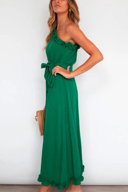 Rosiedress One Shoulder Sleeveless Tie Waist Ruffle Swing Dress