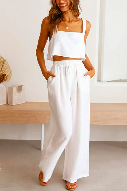 Rosiedress Square Collar Cami Crop Top Wide Leg Pants Cotton Linen Set White