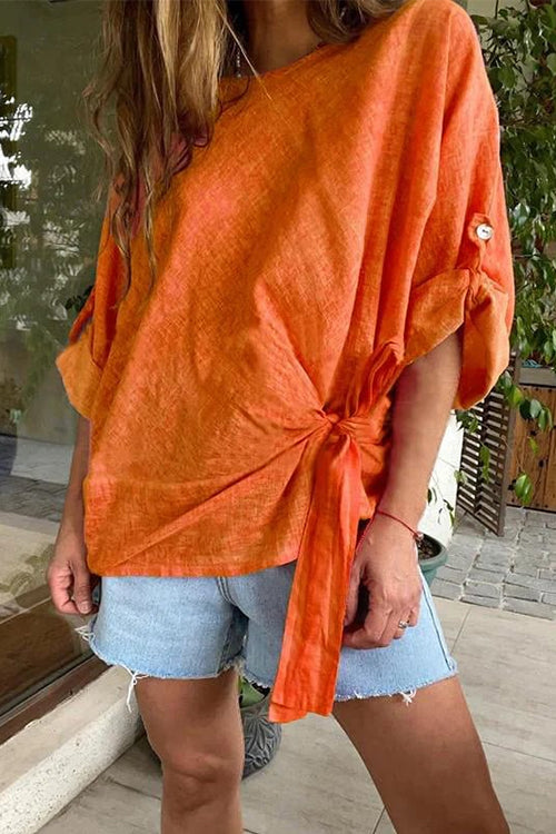 Rosiedress Rolled Up Sleeves Tie Knot Loose Top Orange