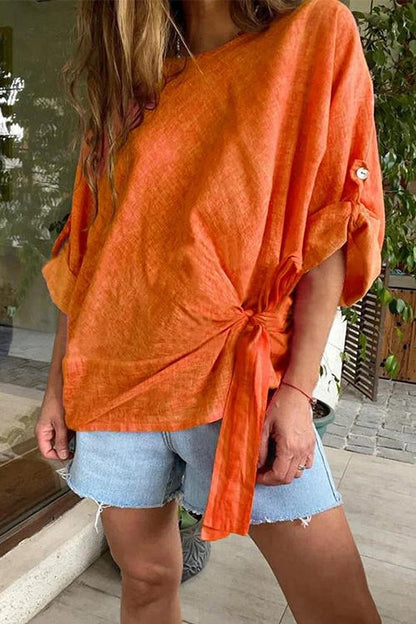 Rolled Up Sleeves Tie Knot Loose Top Orange