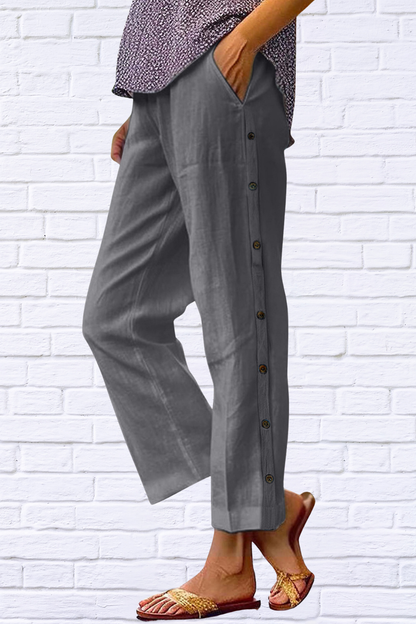 Full Size Side Decor Button Casual Wide Leg Pants Plus Size