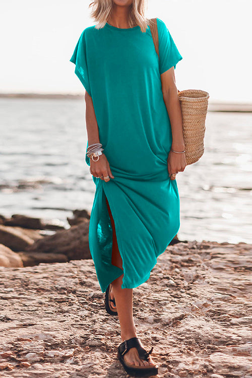 Solid Short Sleeve Side Split Maxi Casual Dress Blue