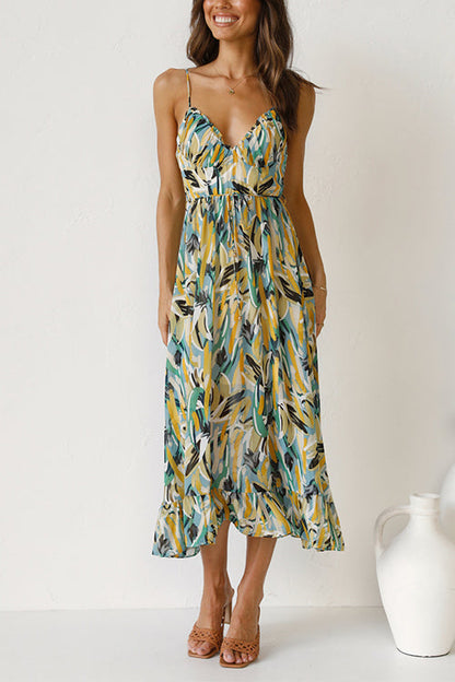 V Neck Tie Waist Abstract Print Midi Cami Dress Green