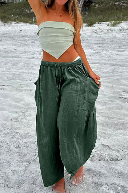 Drawstring Waist Pockets Wide Leg Cotton Linen Pants Green