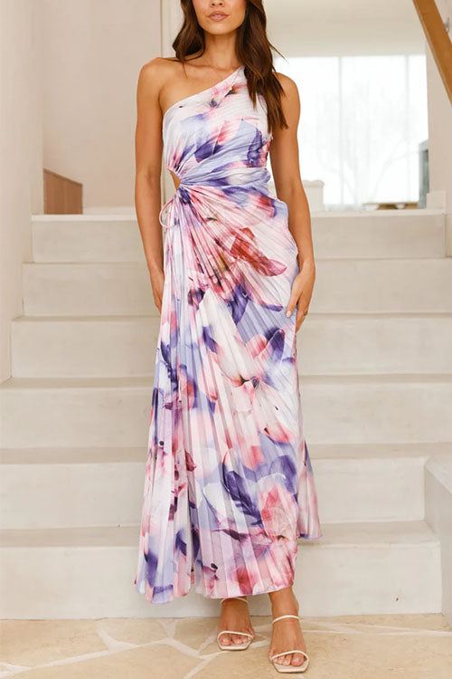 One Shoulder Sleeveless Cut Out Floral Print Pleated Maxi Dress