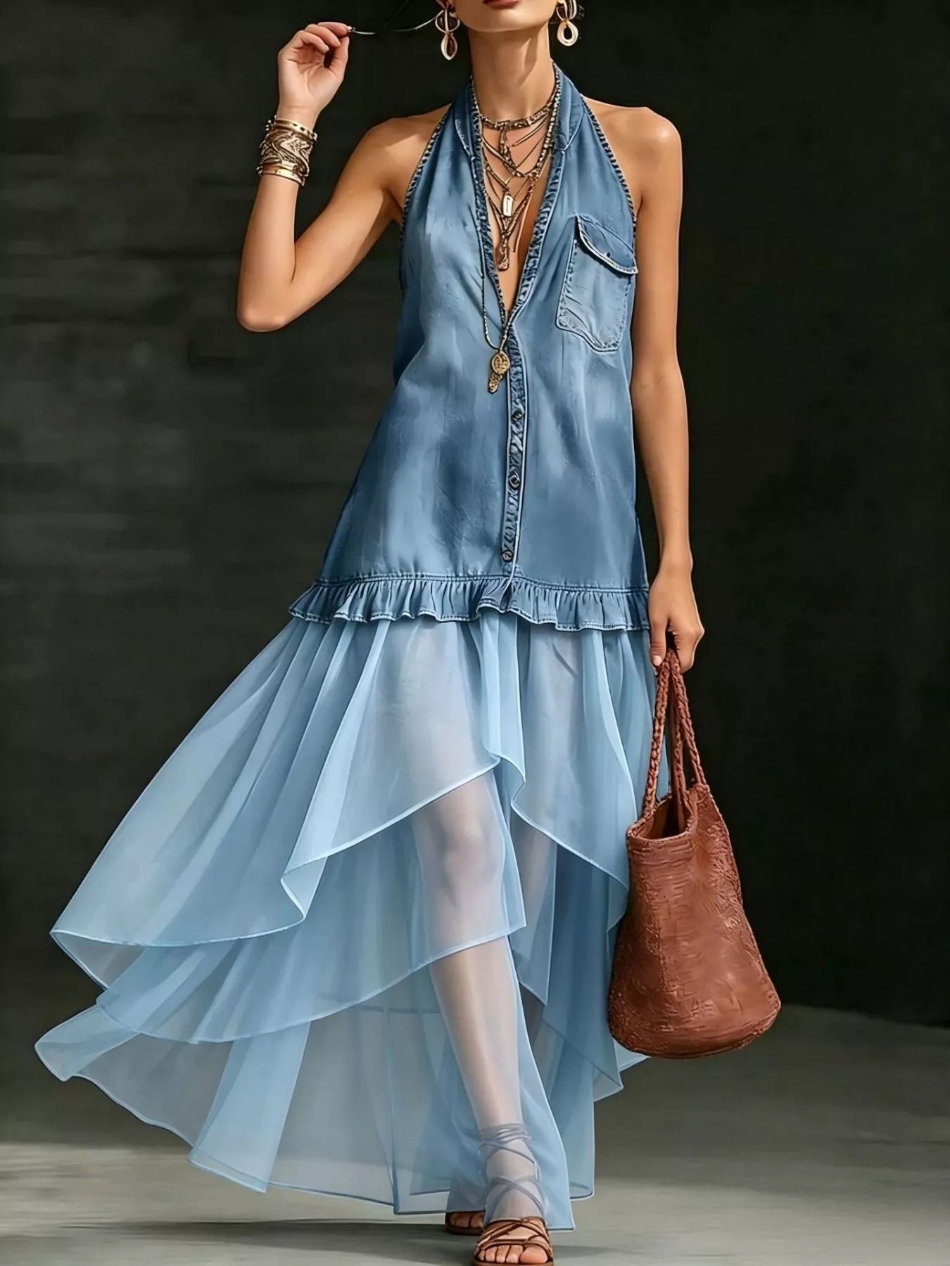 Maxikleid mit Rüschen und Neckholder