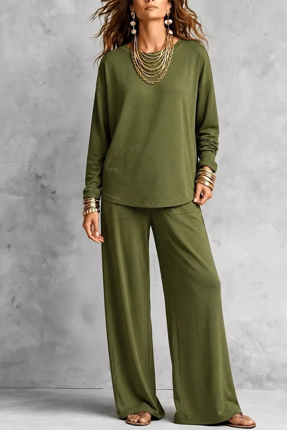Long Sleeve Top and Wide-Leg Pants Set
