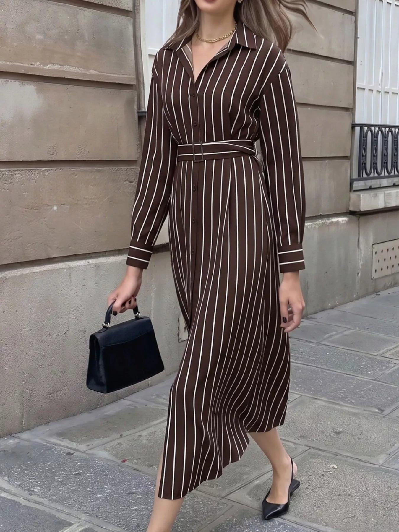 Striped Long Sleeve Belted Shirt Dress