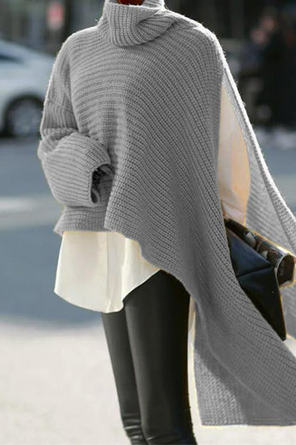 Turtleneck Asymmetric Slit Sleeve Ribbed Knit Sweater Gray