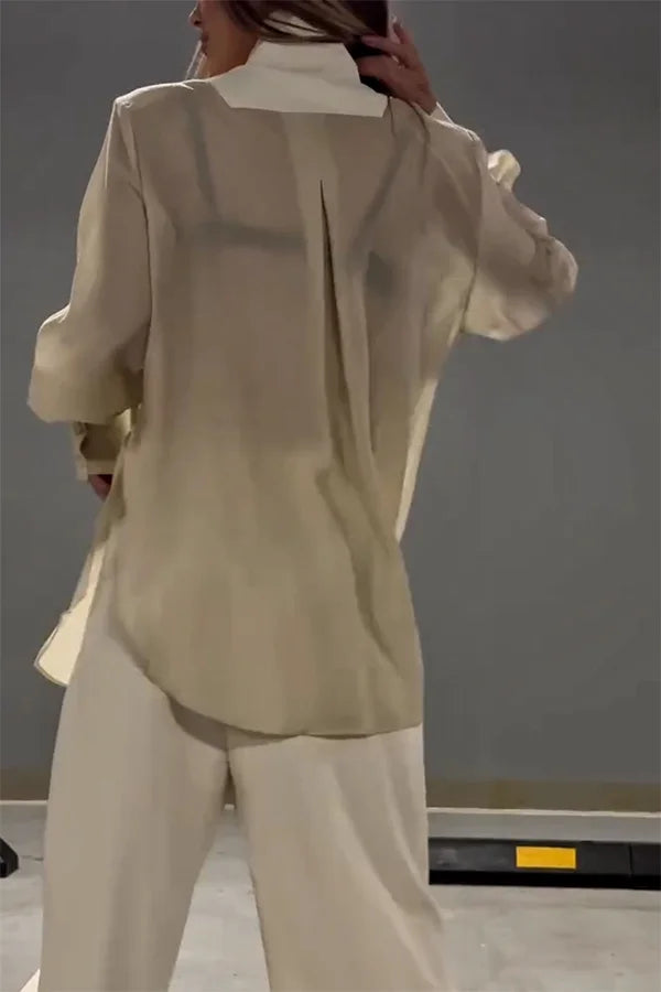 Ensemble veste à lacets irréguliers en mousseline de soie chic et élégant et pantalon droit à poches