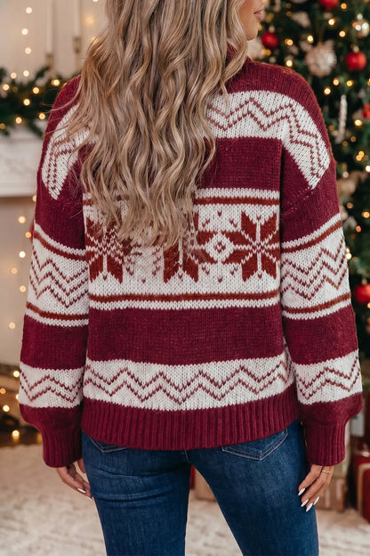 Geometric Pattern Zip-Up Knit Long Sleeve Regular Fit Cardigan