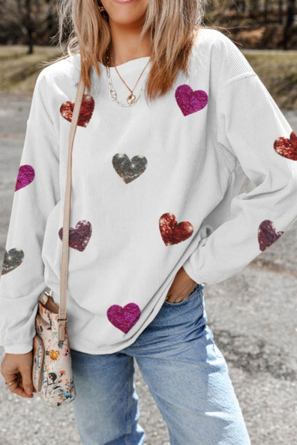 Blue Zone Planet | Valentine’S Day Sequin Heart Round Neck Long Sleeve Sweatshirt