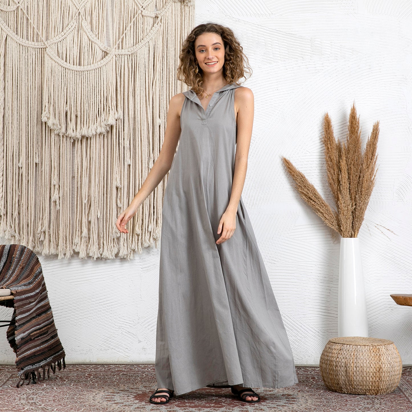 Linen Hoodie Sleeveless Kaftan Dress