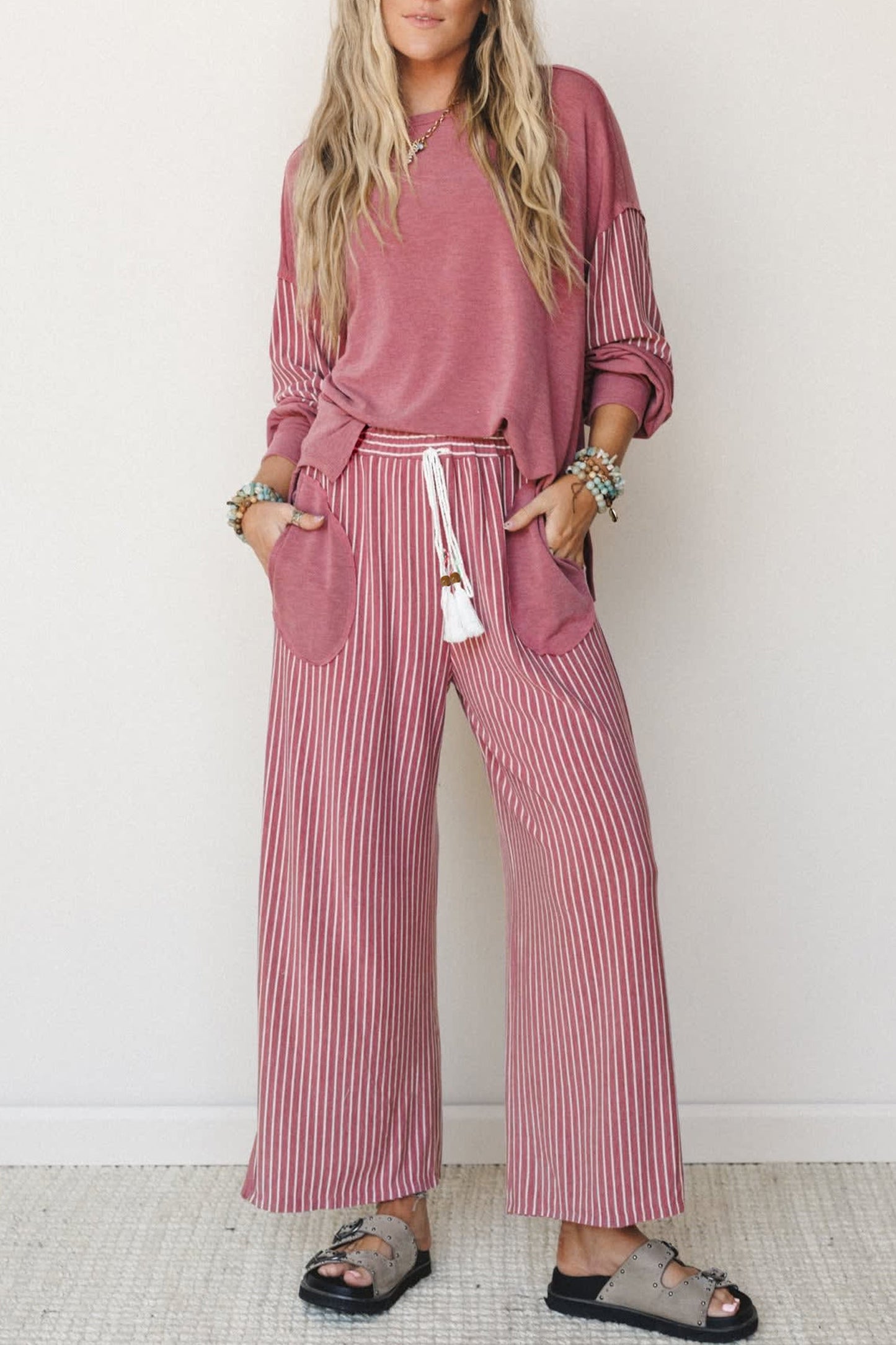 Fushia Raw Seam Patchwork Long Sleeve Top Pocket Casual Pants 2pcs Set