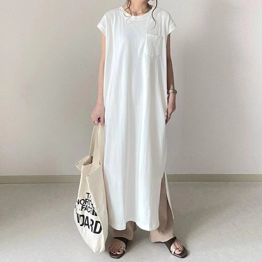 Simple Cotton Short Sleeves Maxi Dress