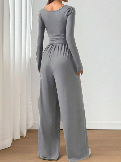 Ruched Square Neck Wide-Leg Jumpsuit