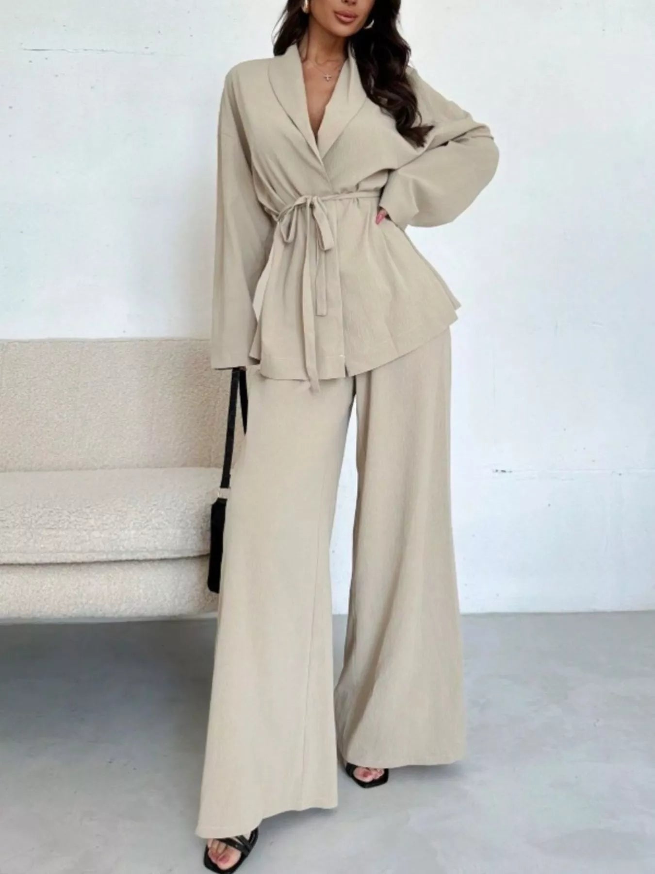 Textured Tie Waist Top and Wide-Leg Pants Set