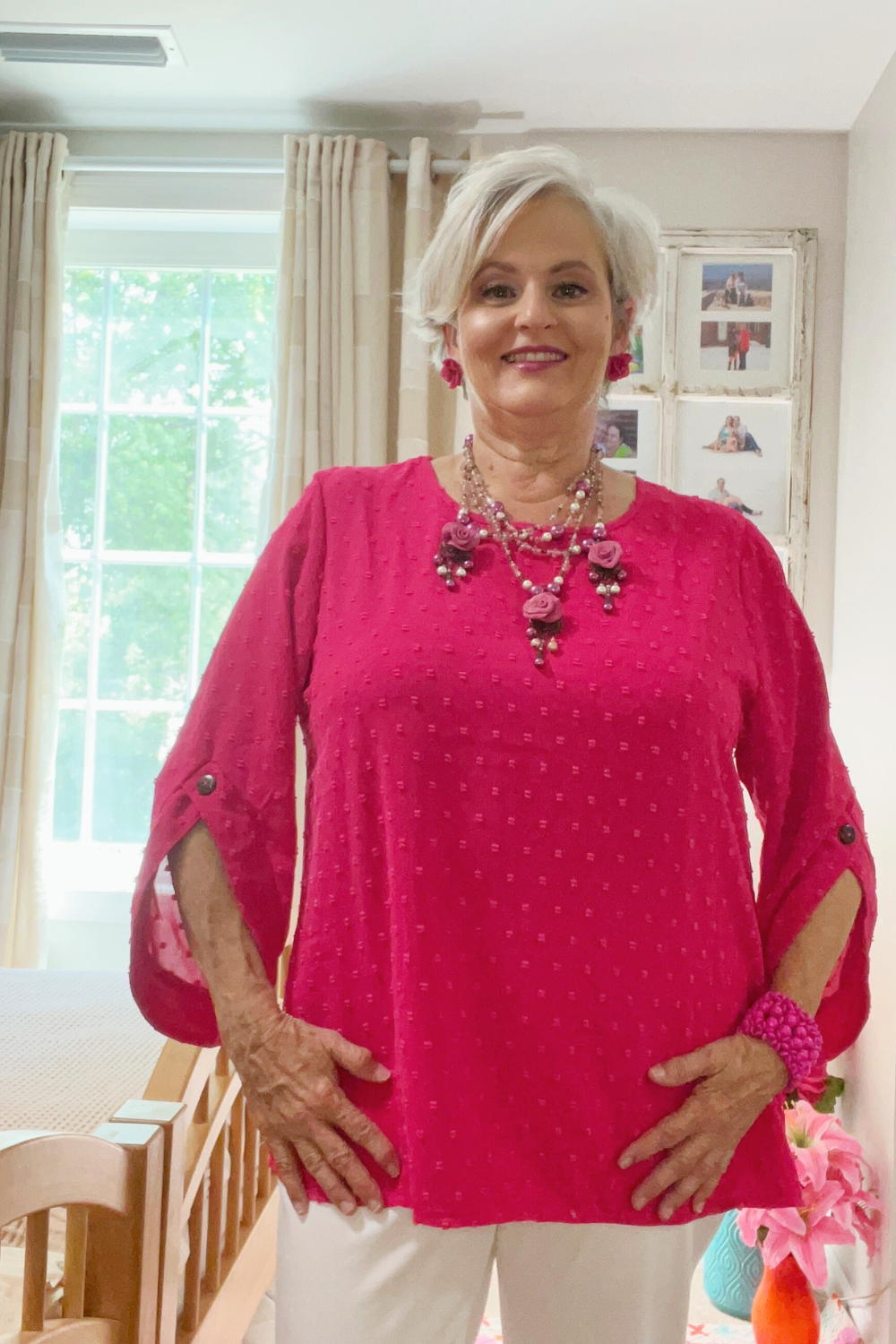 Swiss Dot Round Neck Petal Sleeve Top – Cerise Pink