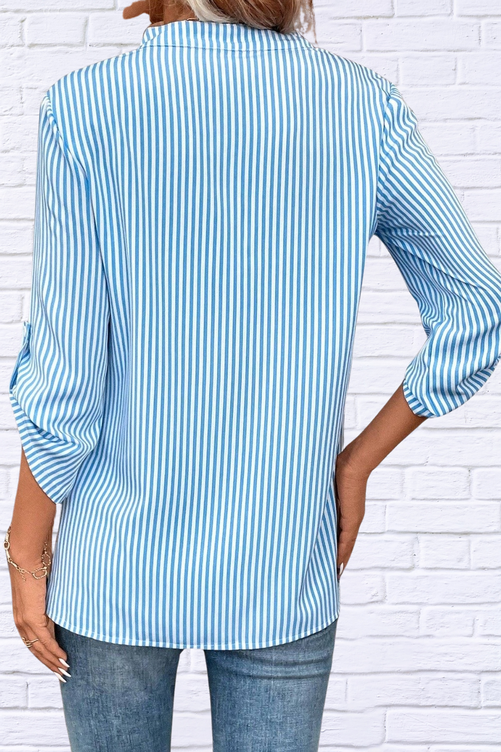 Striped Notched Roll-Tab Sleeve Shirt