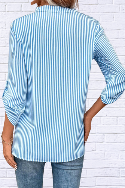 Striped Notched Roll-Tab Sleeve Shirt