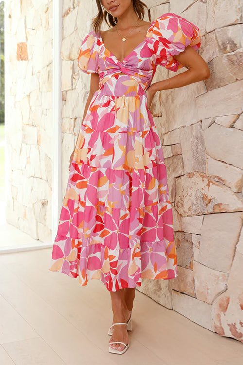 Rosiedress Twist Knot Cut Out Puffle Sleeves Printed Ruffle Maxi Dress