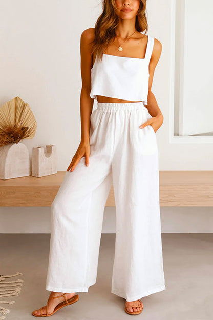 Rosiedress Square Collar Cami Crop Top Wide Leg Pants Cotton Linen Set