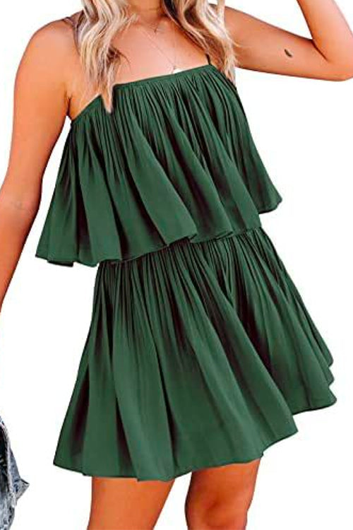 Rosiedress Solid Waisted Ruffle Pleated Cami Shorts Romper Green