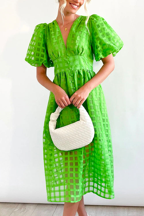V Neck Lantern Sleeve Waisted A-line Dress Green