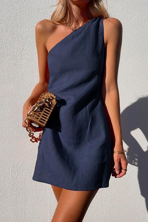 Rosiedress One Shoulder Solid Cotton Linen Mini Dress DarkBlue