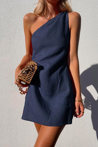 One Shoulder Solid Cotton Linen Mini Dress DarkBlue