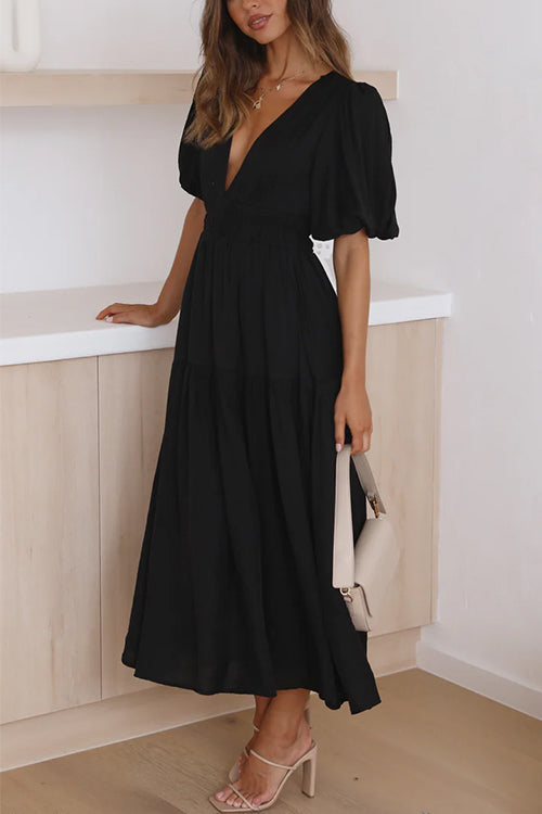 Rosiedress V Neck Lantern Sleeves Waisted Ruffle Maxi Dress