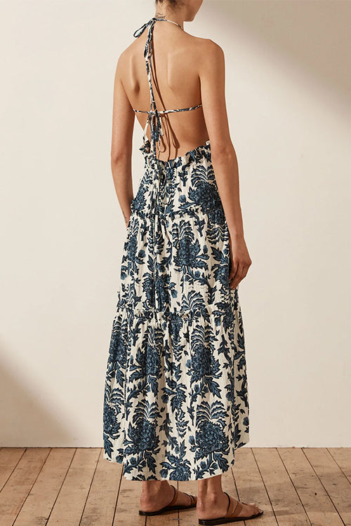 Halter Neck Shirred Backless Printed Midi Swing Dress