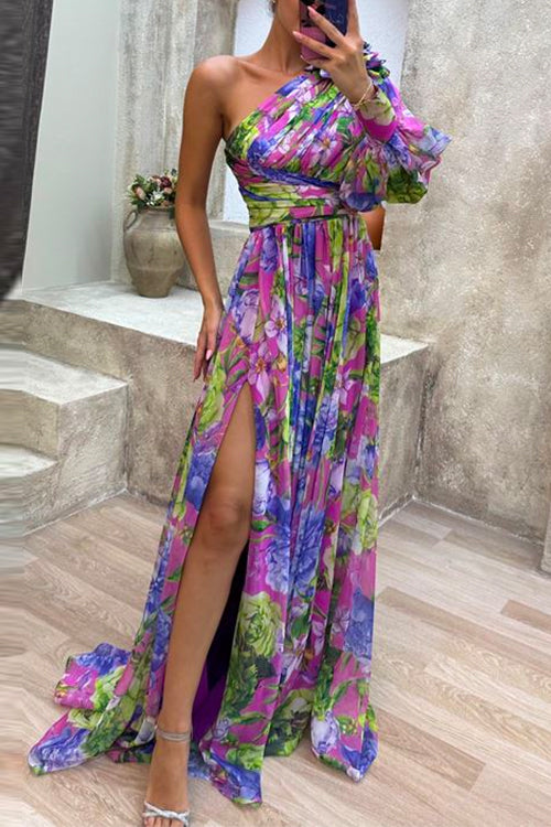 Rosiedress One Shoulder High Slit Waisted Floral Maxi Party Dress