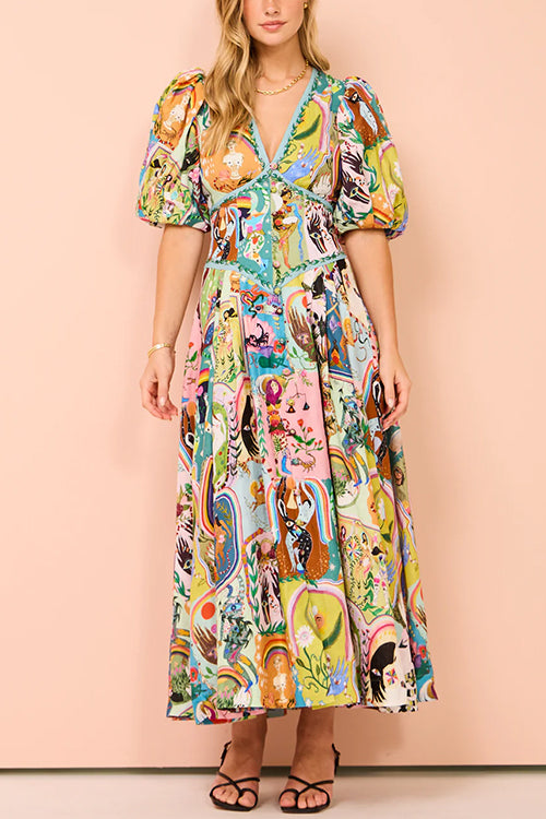 Rosiedress V Neck Puff Sleeves Cotton Linen Unique Print Maxi Dress Print