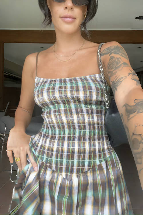 Spaghetti Strap Smocked Plaid Midi Dress