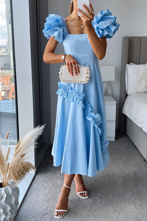 Square Neck Frill Sleeves Waisted Ruffle Trim Midi Dress