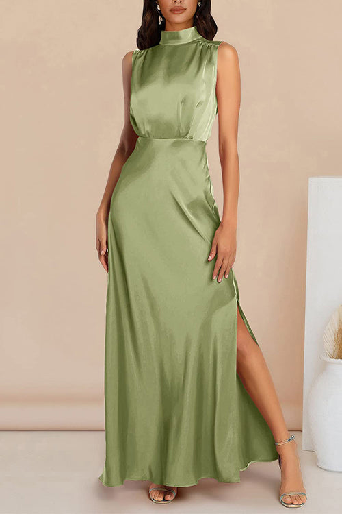 Rosiedress Sleeveless Mockneck Side Split Maxi Satin Dress Light Green