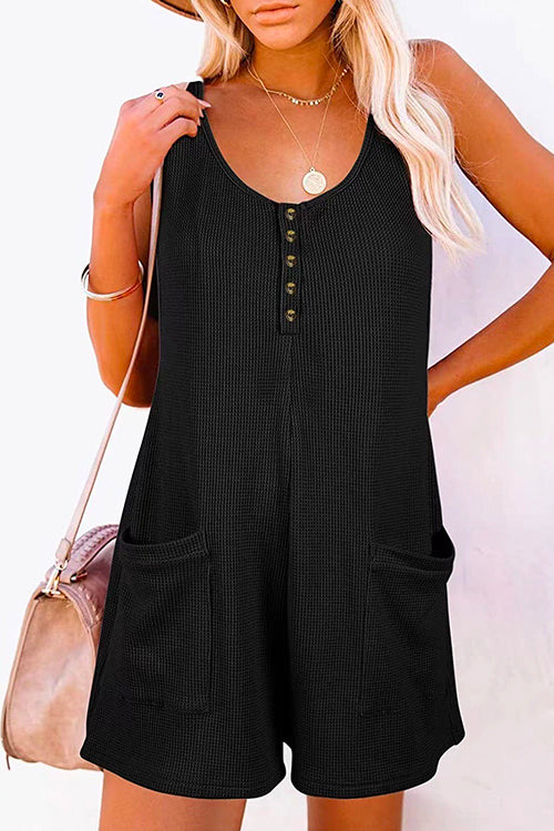 Rosiedress Scoop Neck Pockets Solid Tank Romper Black