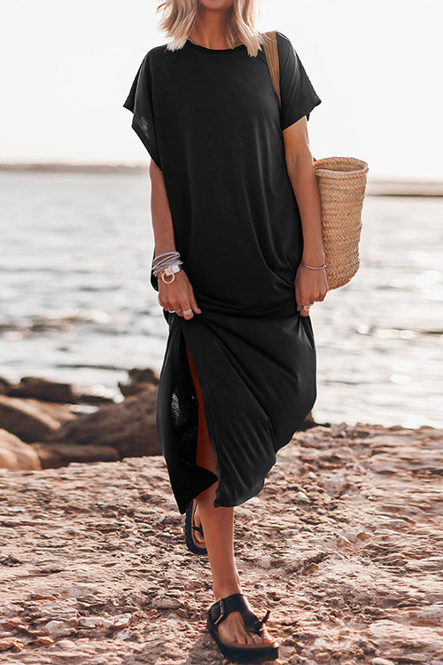 Solid Short Sleeve Side Split Maxi Casual Dress Black