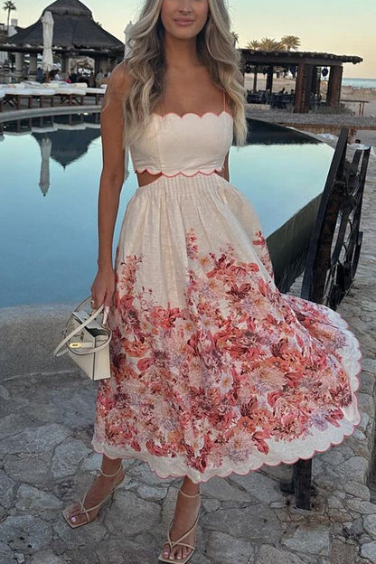 Rosiedress Back Lace-up Cut Out Floral Print A-line Maxi Cami Dress Pink