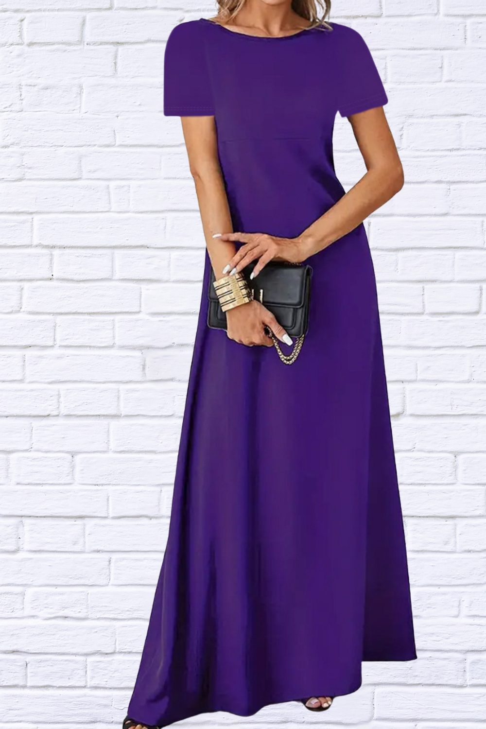 Full Size Round Neck Short Sleeve A-Line Maxi Dress Plus Size