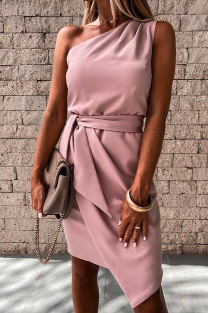 One Shoulder Sleeveless Tie Waist Ruched Dress Pink