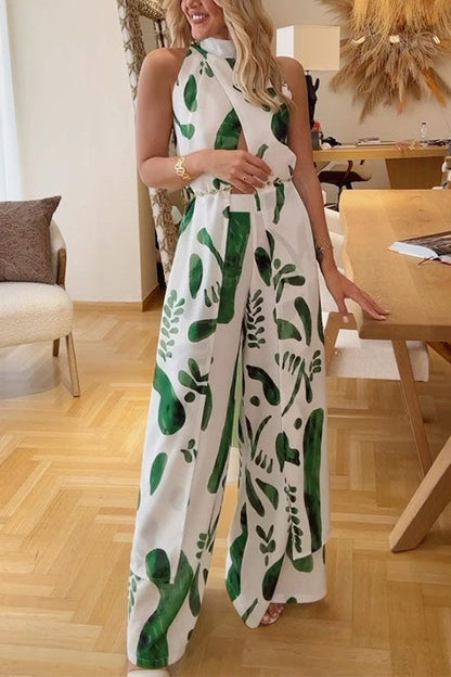 Rosiedress Mockneck Split Wrap Front Sleeveless Top and Wide Leg Pants Printed Set Green