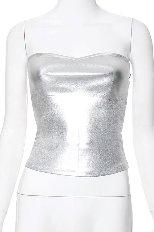 Rosiedress Strapless Metallic Crop Tube Top