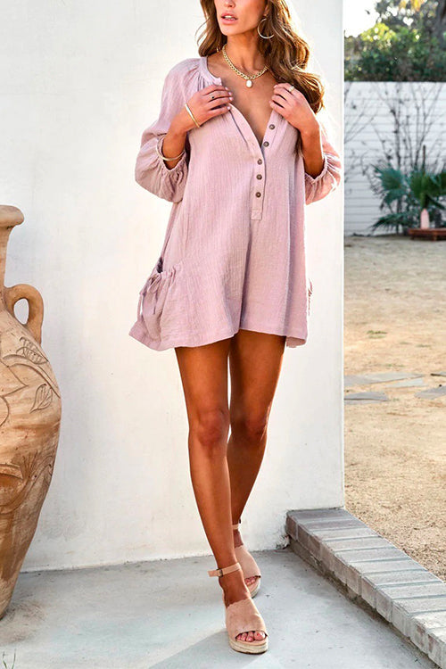 Rosiedress Solid Button Down Shorts Romper with Pockets Pink