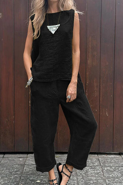 Casual Sleeveless Pullover Top Wide Leg Pants Cotton Linen Set Black