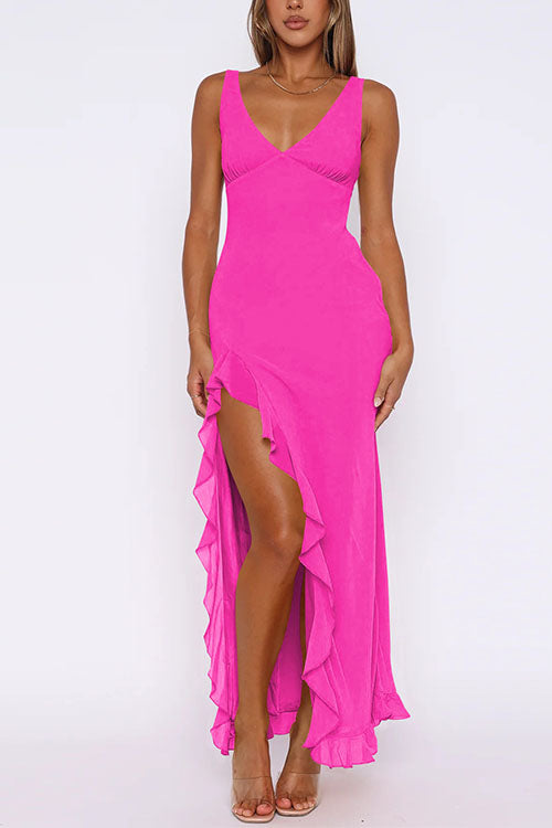 Rosiedress V Neck Sleeveless Ruffle Trim Slit Maxi Dress