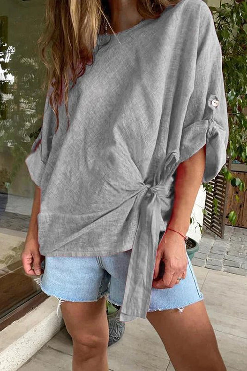 Rolled Up Sleeves Tie Knot Loose Top Gray